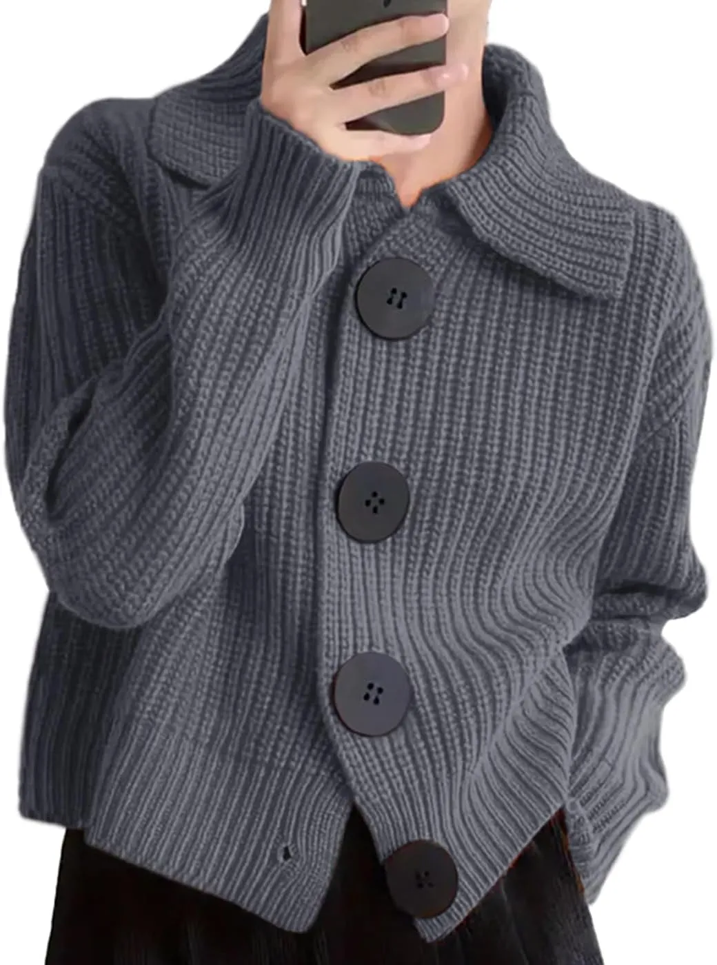 Women Open Front Knit Sweater Long Sleeve Cardigan Sweater Casual Loose Button Lapel Cardigan Coat