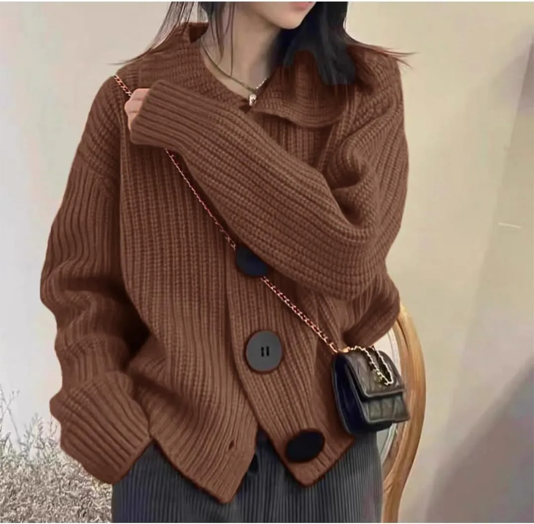 Women Open Front Knit Sweater Long Sleeve Cardigan Sweater Casual Loose Button Lapel Cardigan Coat