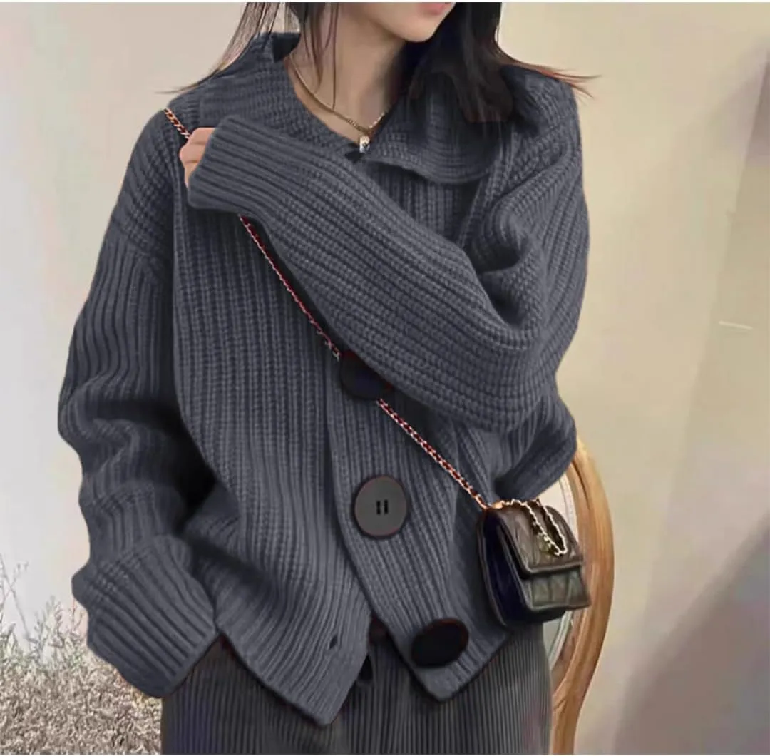 Women Open Front Knit Sweater Long Sleeve Cardigan Sweater Casual Loose Button Lapel Cardigan Coat