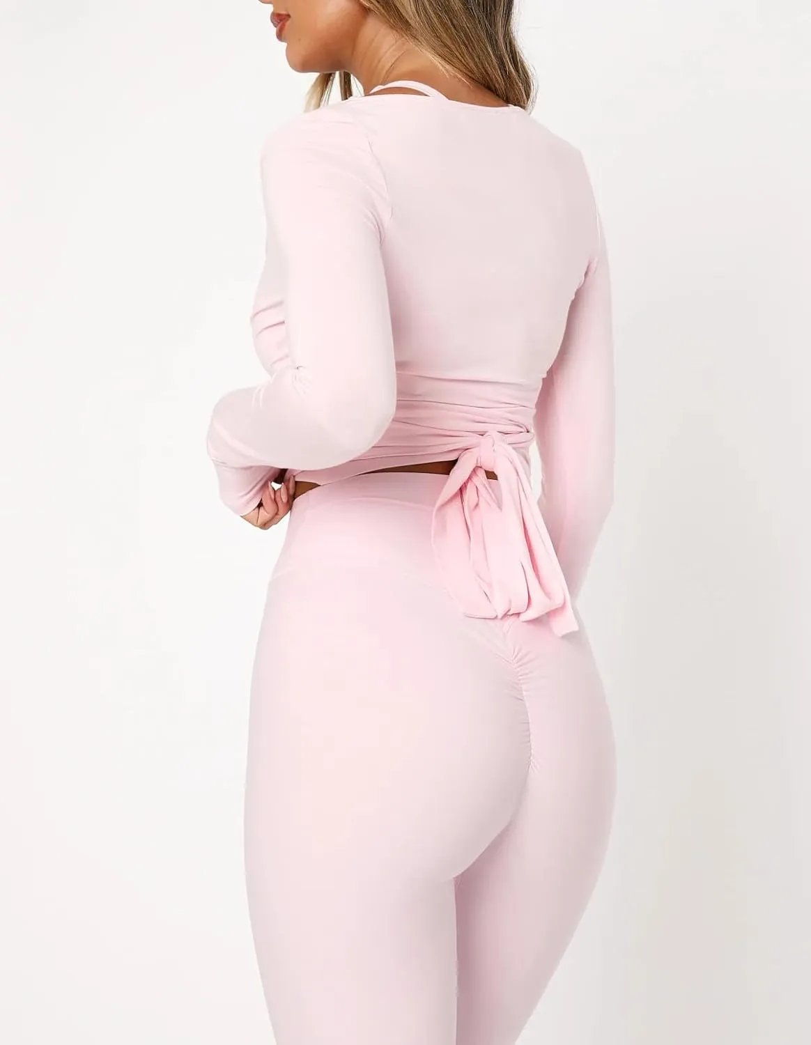 Women Pilates Cross Wrap Top Workout Long Sleeve Ballet Tie Crop Tops Slim Fit Deep V Neck Yoga Shirt