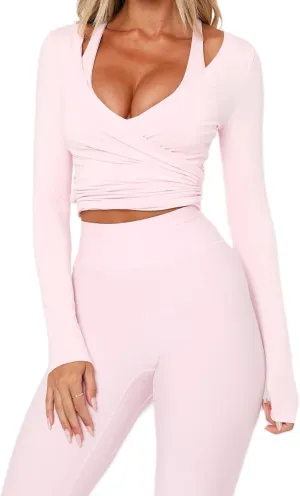 Women Pilates Cross Wrap Top Workout Long Sleeve Ballet Tie Crop Tops Slim Fit Deep V Neck Yoga Shirt