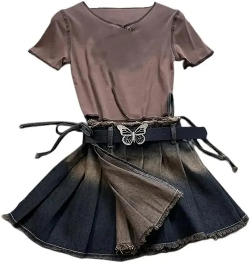 Women Pleated Denim Skirt with Belt Summer Bow Short Mini Skirts