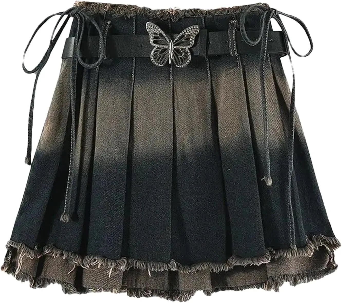 Women Pleated Denim Skirt with Belt Summer Bow Short Mini Skirts