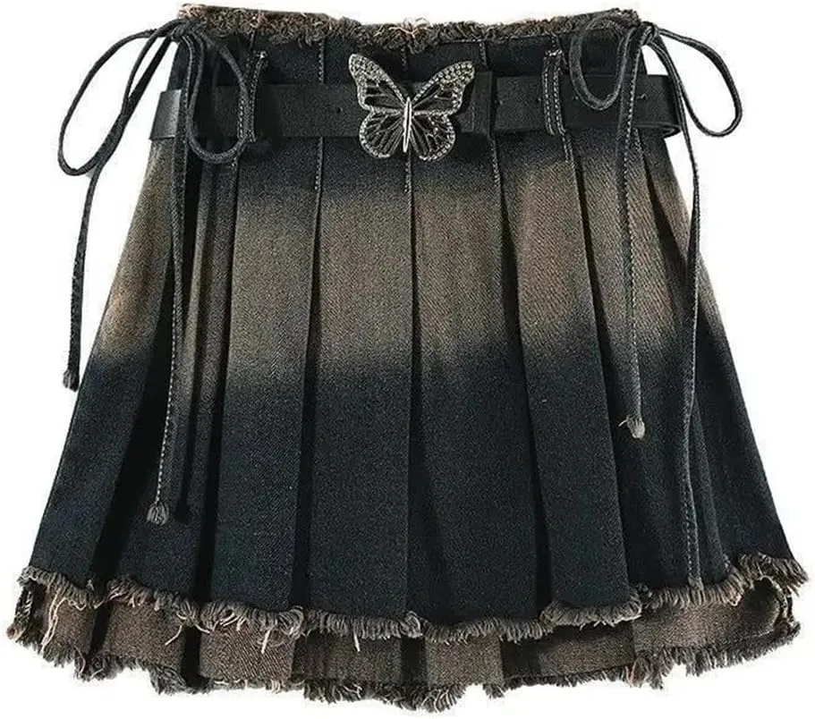 Women Pleated Denim Skirt with Belt Summer Bow Short Mini Skirts