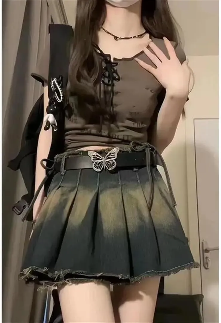 Women Pleated Denim Skirt with Belt Summer Bow Short Mini Skirts