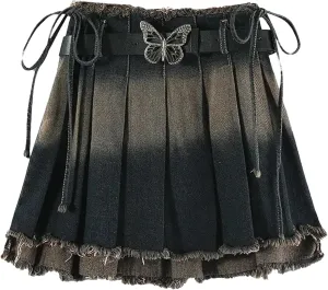 Women Pleated Denim Skirt with Belt Summer Bow Short Mini Skirts