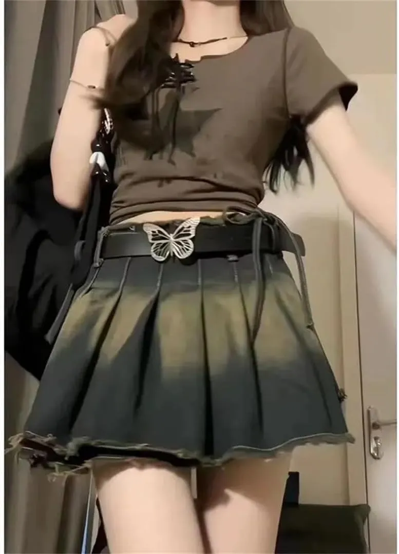 Women Pleated Denim Skirt with Belt Summer Bow Short Mini Skirts