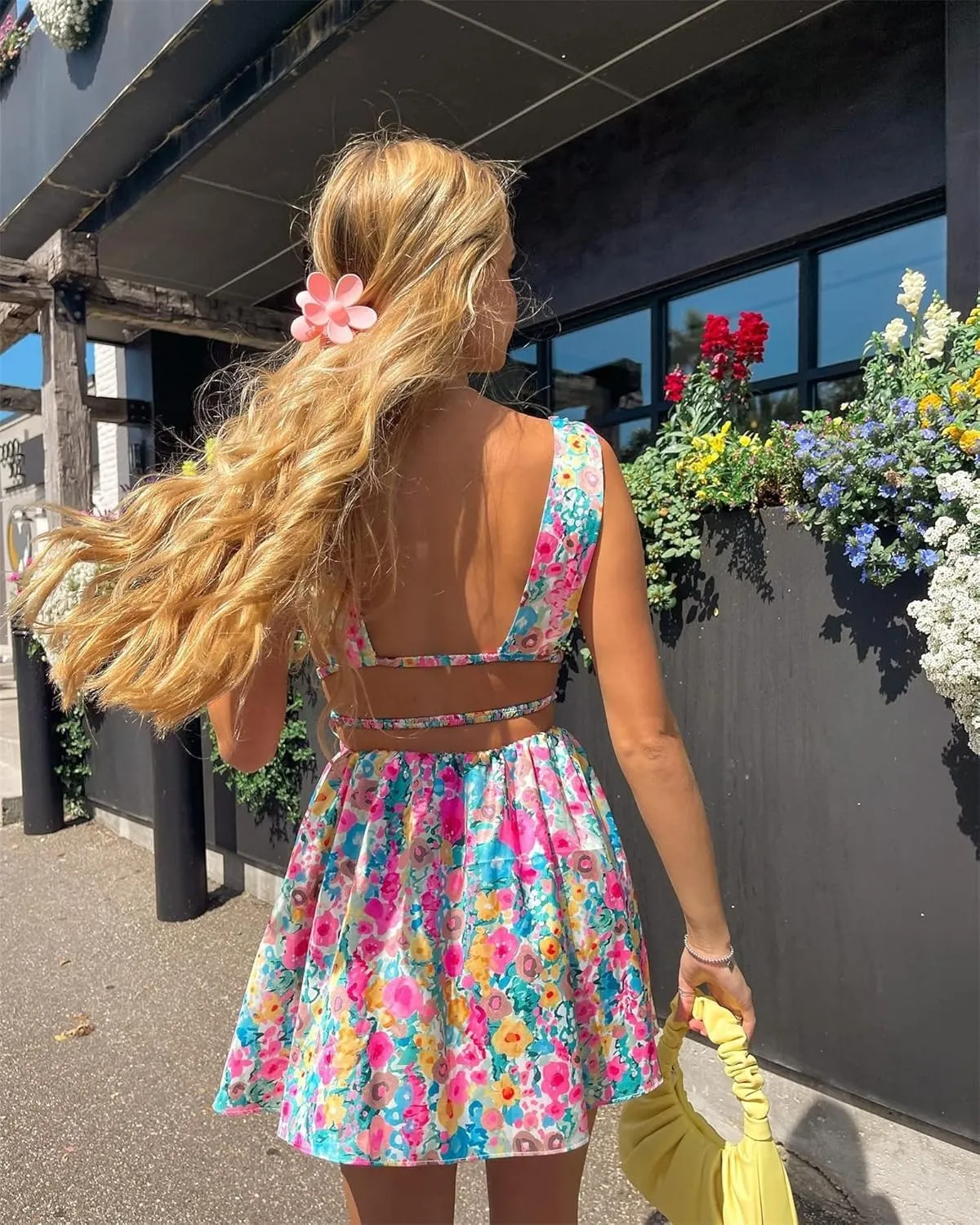 Women Ruffle Hem Mini Dress Y2k Halter Irregular Floral Tassel Dress LowCut Bodycon Mini Dress Party Streetwear