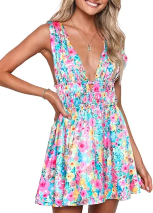 Women Ruffle Hem Mini Dress Y2k Halter Irregular Floral Tassel Dress LowCut Bodycon Mini Dress Party Streetwear