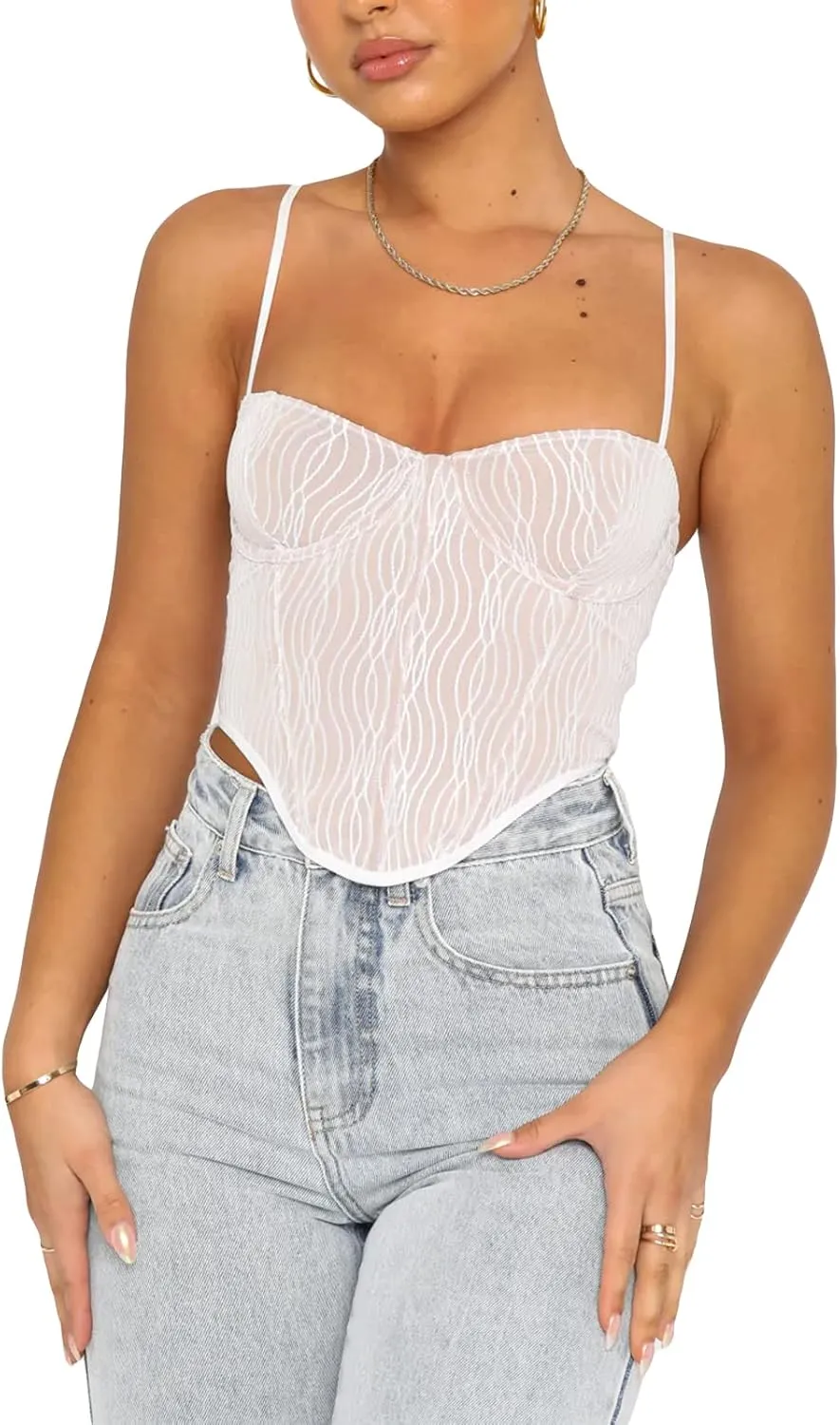 Women Sexy Lace Patchwork Crop Top Spaghetti Strap Push Up Bustier Tank Top Backless Summer Aesthetic Cami Top