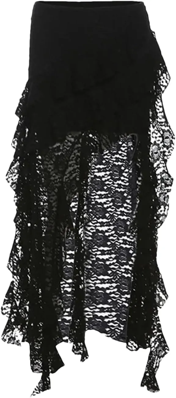 Women Short Front Long Back Gothic Patchwork Lace Fold Asymmetrical Skirt High Waisted Ruffle Midi Skirts