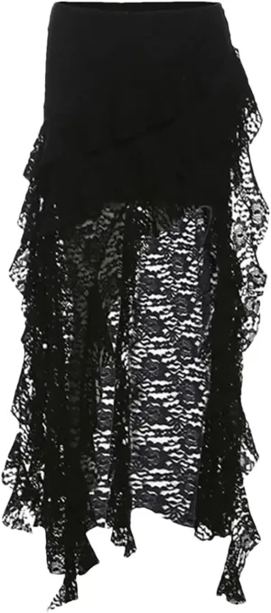 Women Short Front Long Back Gothic Patchwork Lace Fold Asymmetrical Skirt High Waisted Ruffle Midi Skirts