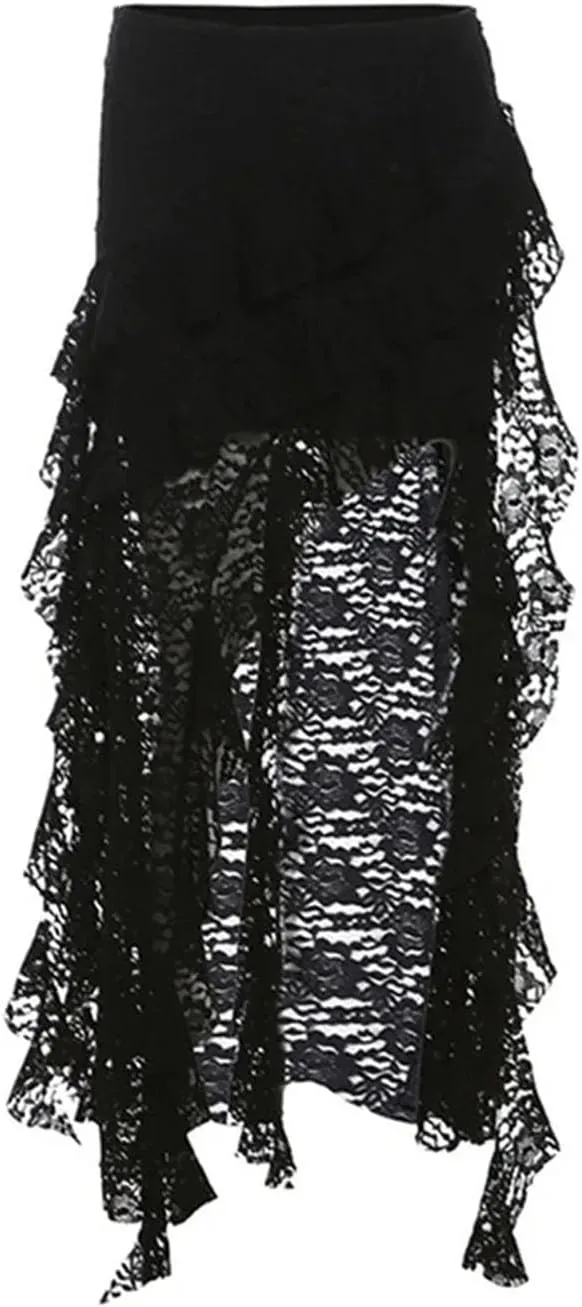 Women Short Front Long Back Gothic Patchwork Lace Fold Asymmetrical Skirt High Waisted Ruffle Midi Skirts