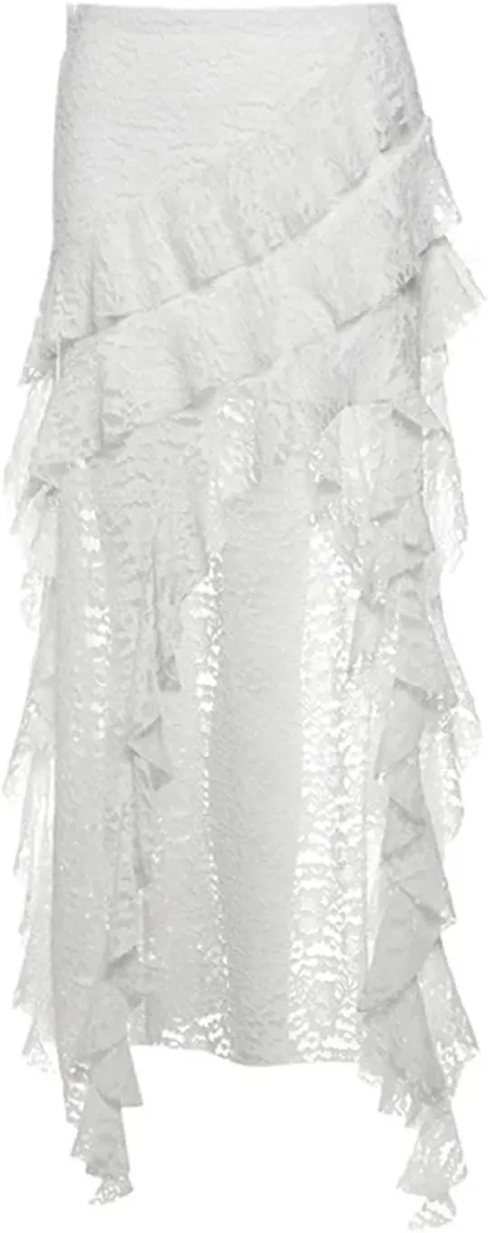Women Short Front Long Back Gothic Patchwork Lace Fold Asymmetrical Skirt High Waisted Ruffle Midi Skirts