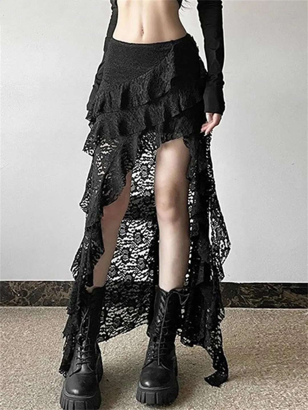 Women Short Front Long Back Gothic Patchwork Lace Fold Asymmetrical Skirt High Waisted Ruffle Midi Skirts