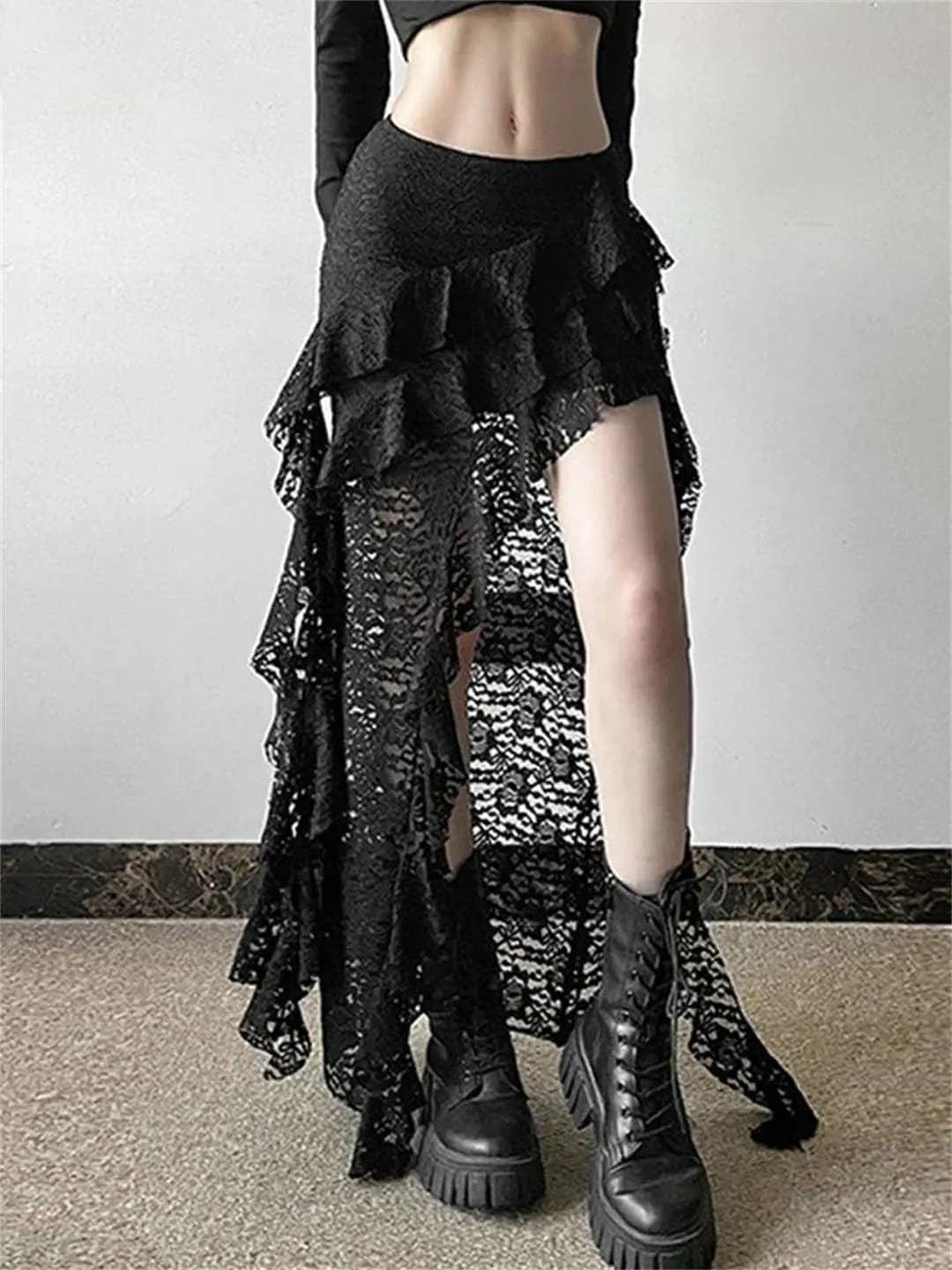 Women Short Front Long Back Gothic Patchwork Lace Fold Asymmetrical Skirt High Waisted Ruffle Midi Skirts
