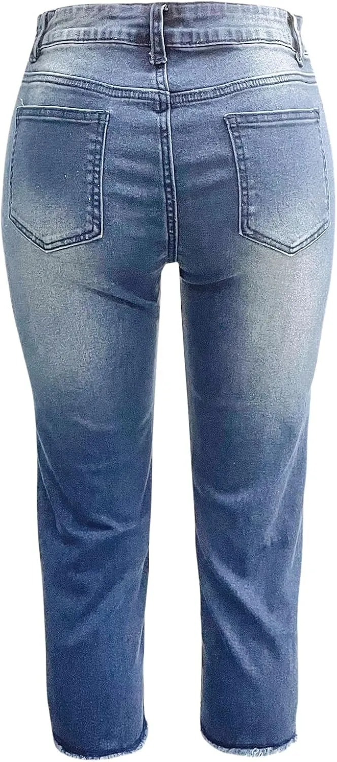 Women Slim Fit Cropped Jeans Trendy 3/4 Length Small Leg Denim Pant Daily Office Work Regular Gradient Casual Trouser