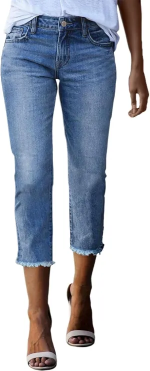 Women Slim Fit Cropped Jeans Trendy 3/4 Length Small Leg Denim Pant Daily Office Work Regular Gradient Casual Trouser