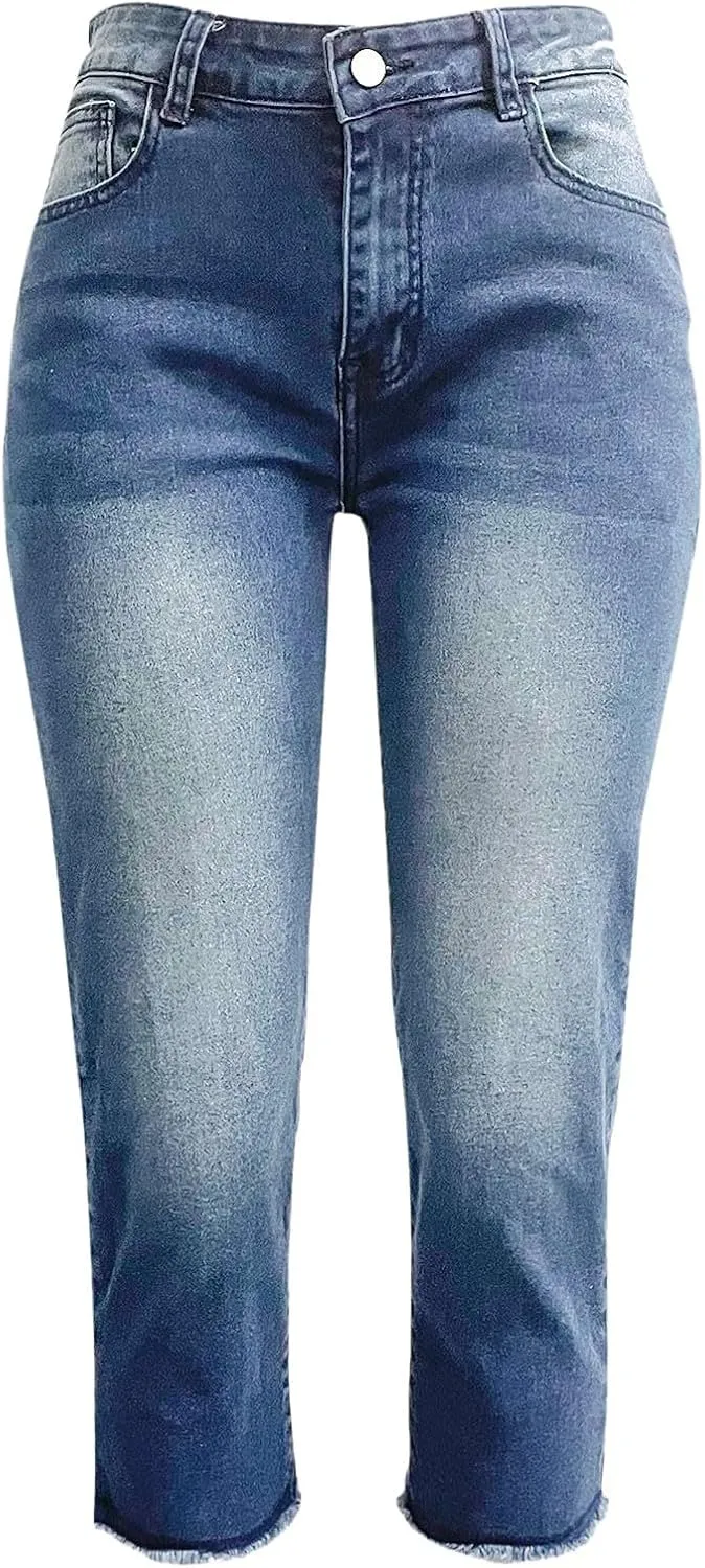 Women Slim Fit Cropped Jeans Trendy 3/4 Length Small Leg Denim Pant Daily Office Work Regular Gradient Casual Trouser