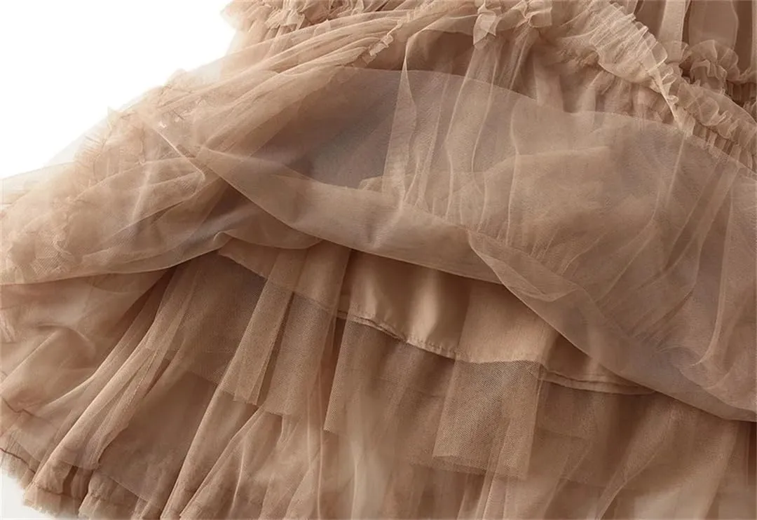 Women Spring Summer Mesh Big Hem A-Line Skirt Female Lengthen Party Beige Maxi Long Tulle Skirt