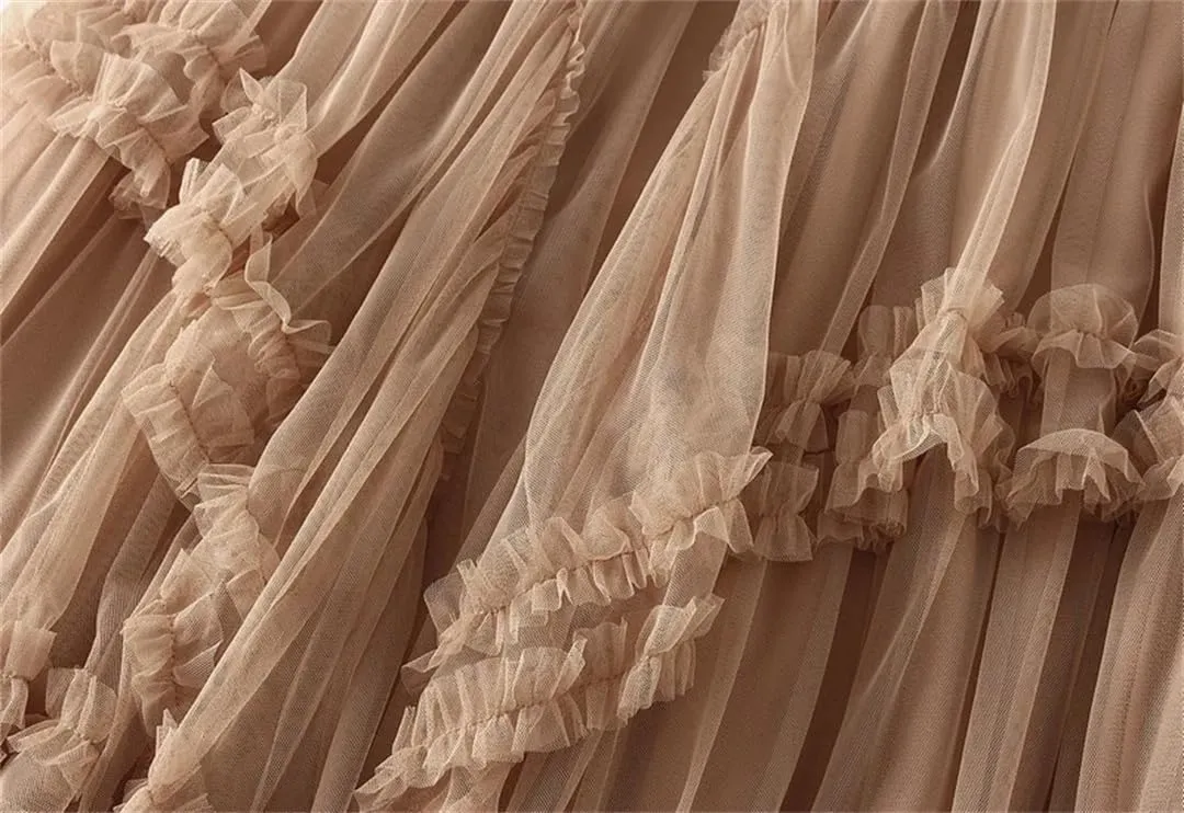 Women Spring Summer Mesh Big Hem A-Line Skirt Female Lengthen Party Beige Maxi Long Tulle Skirt