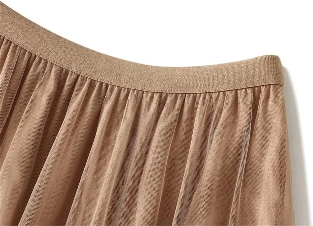 Women Spring Summer Mesh Big Hem A-Line Skirt Female Lengthen Party Beige Maxi Long Tulle Skirt