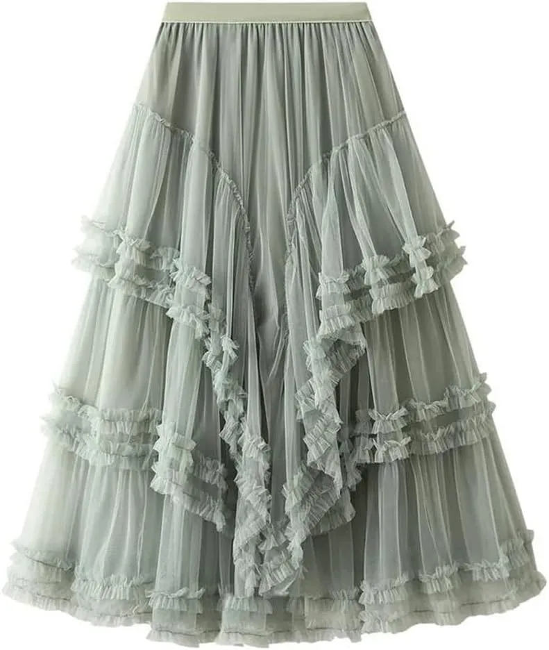 Women Spring Summer Mesh Big Hem A-Line Skirt Female Lengthen Party Beige Maxi Long Tulle Skirt