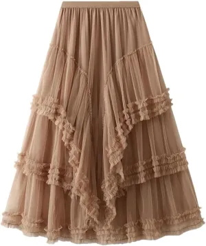Women Spring Summer Mesh Big Hem A-Line Skirt Female Lengthen Party Beige Maxi Long Tulle Skirt