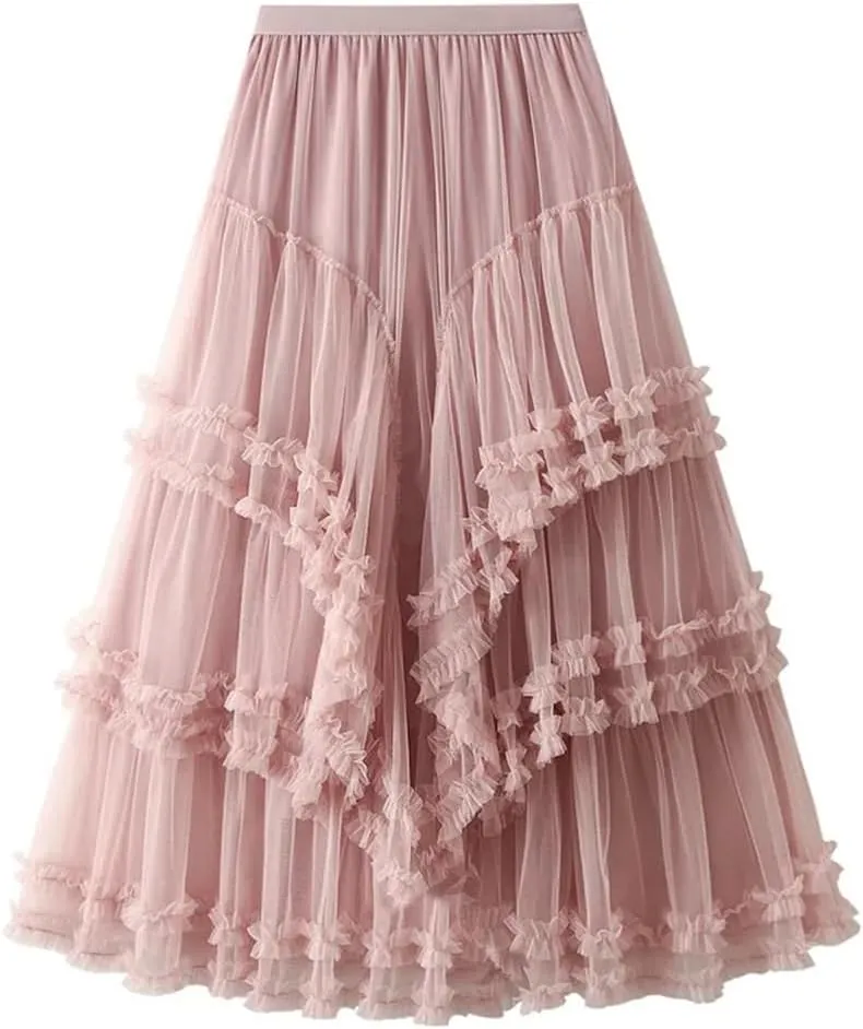 Women Spring Summer Mesh Big Hem A-Line Skirt Female Lengthen Party Beige Maxi Long Tulle Skirt