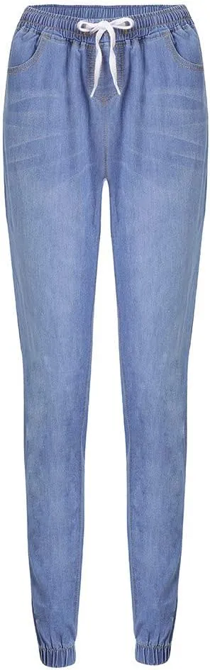 Women Stretch Waist Denim Pants 2025 Trendy Gradient Drawstring Cuffed Jeans Tummy Control Work Dressy Casual Trouser