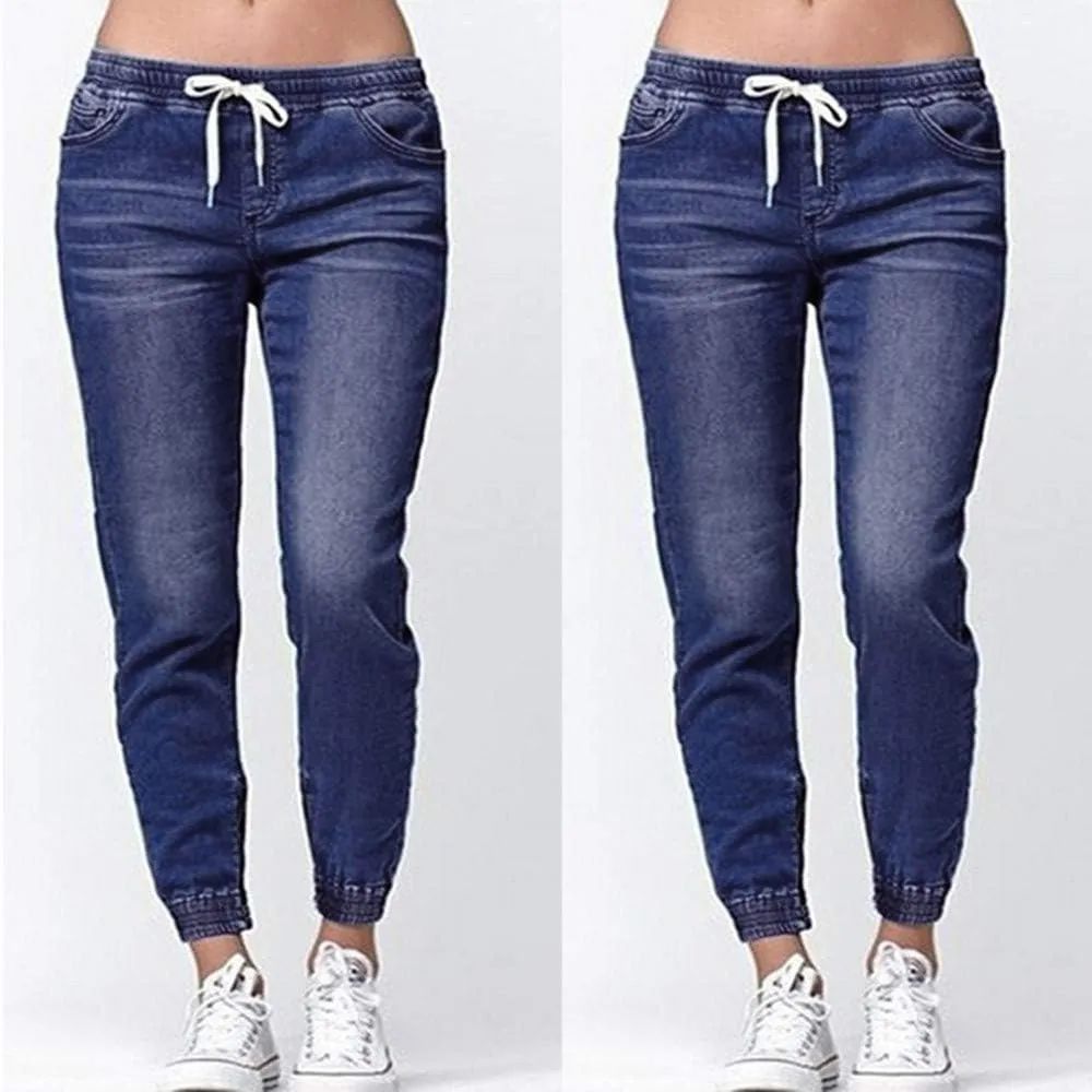 Women Stretch Waist Denim Pants 2025 Trendy Gradient Drawstring Cuffed Jeans Tummy Control Work Dressy Casual Trouser
