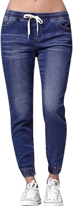 Women Stretch Waist Denim Pants 2025 Trendy Gradient Drawstring Cuffed Jeans Tummy Control Work Dressy Casual Trouser