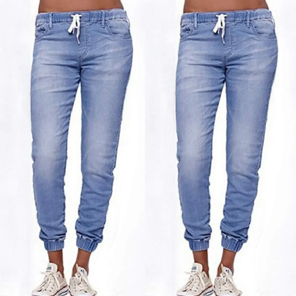 Women Stretch Waist Denim Pants 2025 Trendy Gradient Drawstring Cuffed Jeans Tummy Control Work Dressy Casual Trouser
