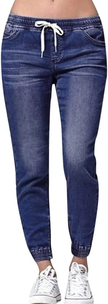Women Stretch Waist Denim Pants 2025 Trendy Gradient Drawstring Cuffed Jeans Tummy Control Work Dressy Casual Trouser