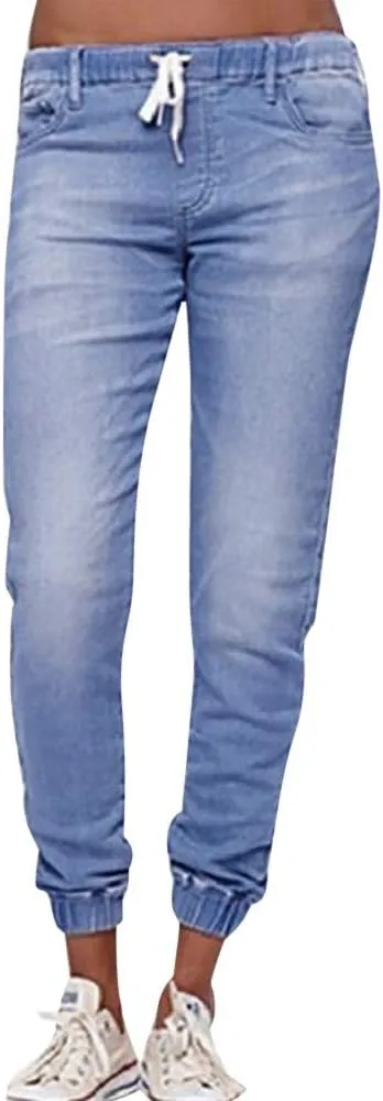 Women Stretch Waist Denim Pants 2025 Trendy Gradient Drawstring Cuffed Jeans Tummy Control Work Dressy Casual Trouser