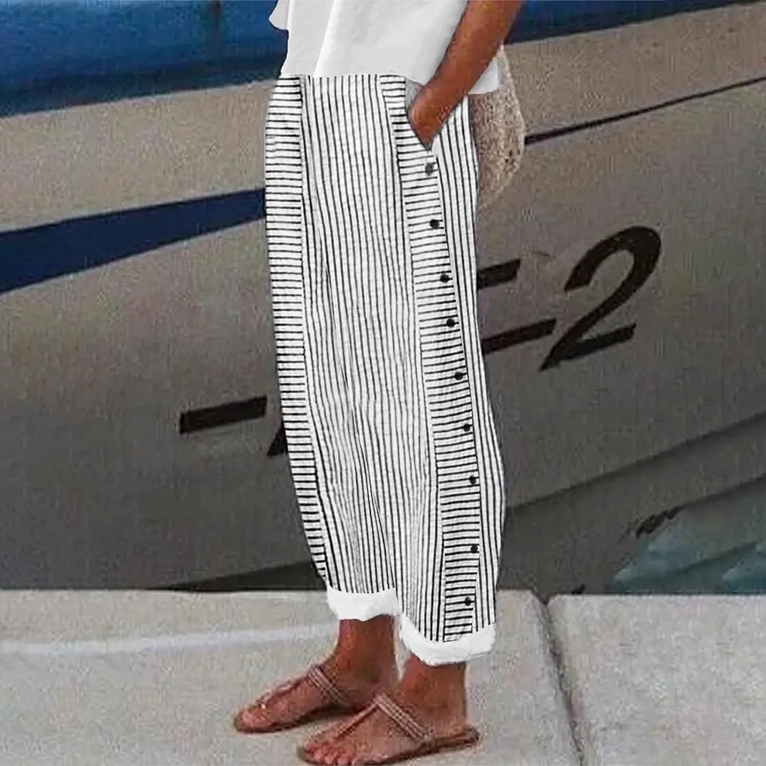 Women Stripe Cotton Linen Pants Fashion Straight Leg Side Button Work Dressy Trousers Elastic Waist Casual Sweatpants