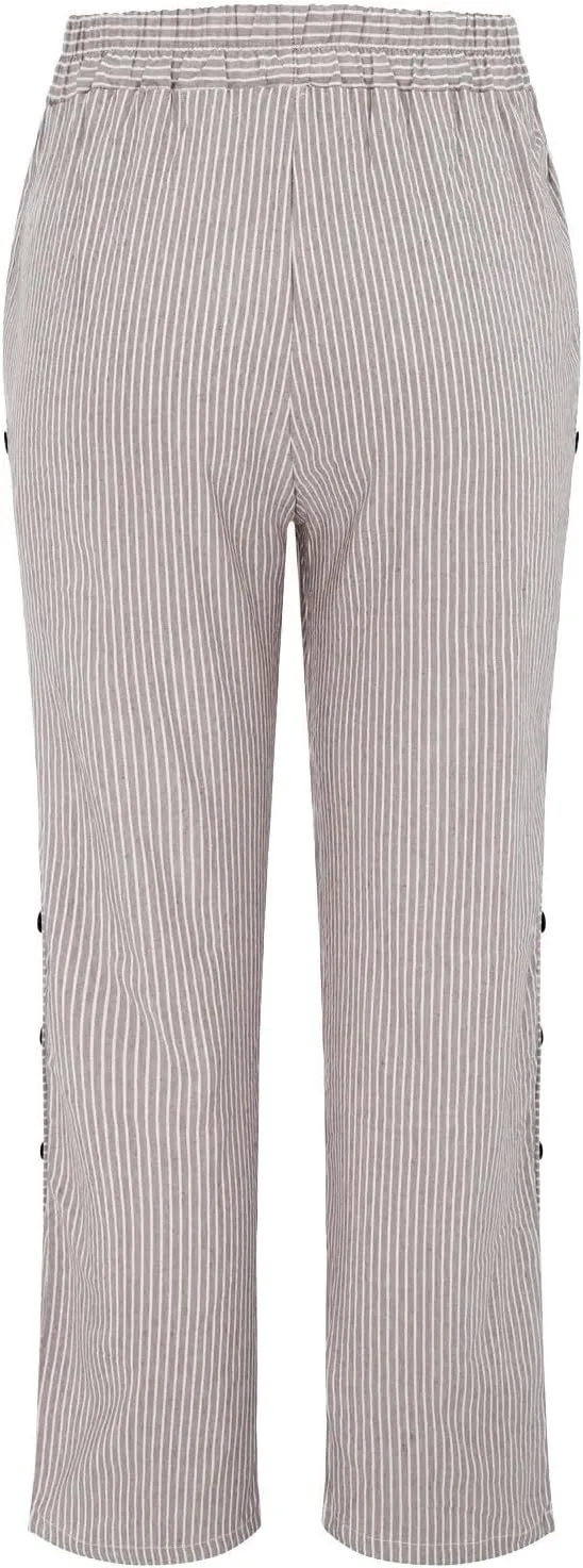 Women Stripe Cotton Linen Pants Fashion Straight Leg Side Button Work Dressy Trousers Elastic Waist Casual Sweatpants