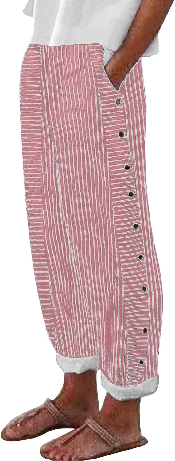 Women Stripe Cotton Linen Pants Fashion Straight Leg Side Button Work Dressy Trousers Elastic Waist Casual Sweatpants