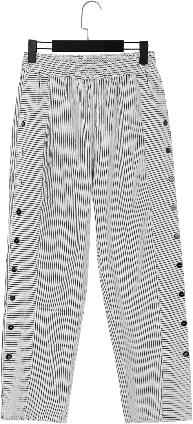 Women Stripe Cotton Linen Pants Fashion Straight Leg Side Button Work Dressy Trousers Elastic Waist Casual Sweatpants