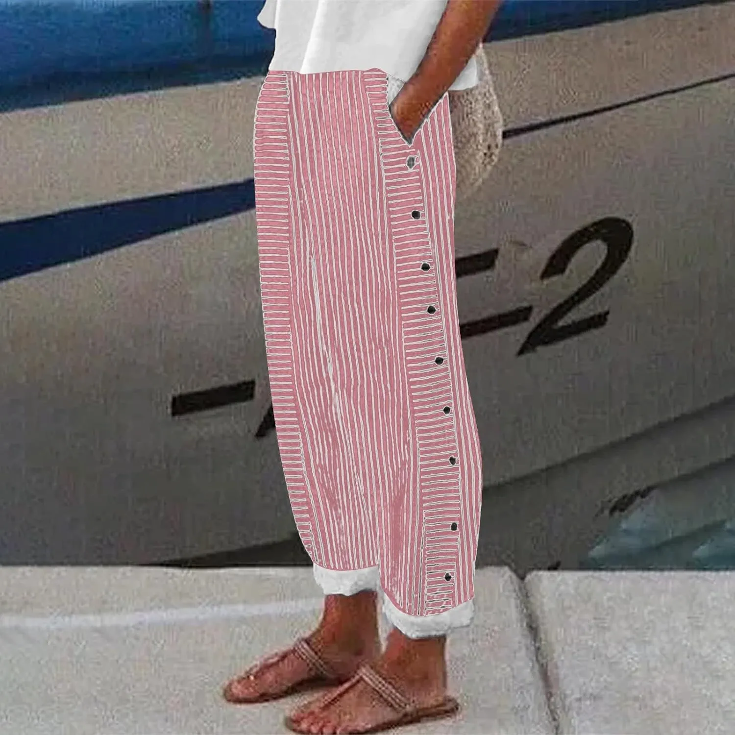 Women Stripe Cotton Linen Pants Fashion Straight Leg Side Button Work Dressy Trousers Elastic Waist Casual Sweatpants