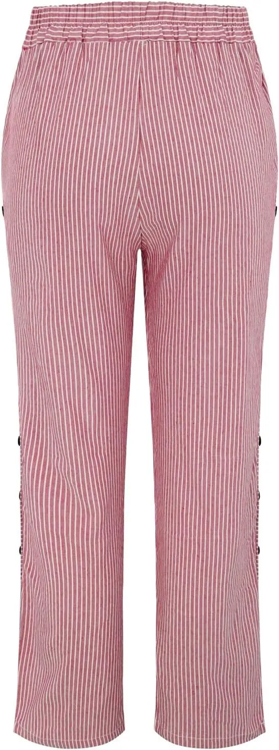 Women Stripe Cotton Linen Pants Fashion Straight Leg Side Button Work Dressy Trousers Elastic Waist Casual Sweatpants