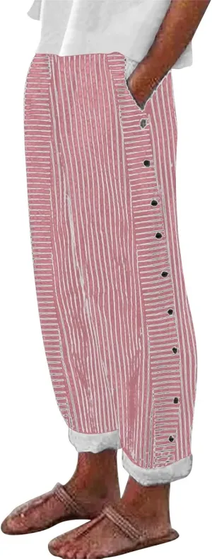 Women Stripe Cotton Linen Pants Fashion Straight Leg Side Button Work Dressy Trousers Elastic Waist Casual Sweatpants