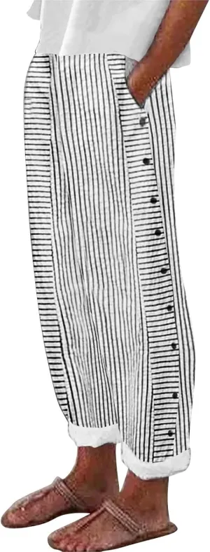 Women Stripe Cotton Linen Pants Fashion Straight Leg Side Button Work Dressy Trousers Elastic Waist Casual Sweatpants