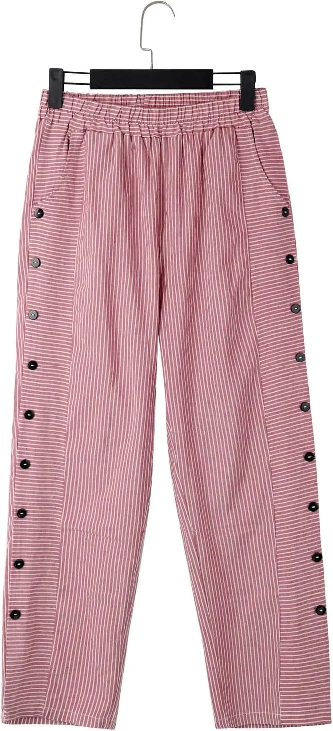 Women Stripe Cotton Linen Pants Fashion Straight Leg Side Button Work Dressy Trousers Elastic Waist Casual Sweatpants