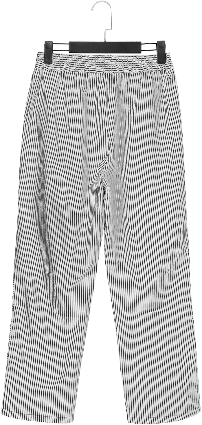 Women Stripe Cotton Linen Pants Fashion Straight Leg Side Button Work Dressy Trousers Elastic Waist Casual Sweatpants