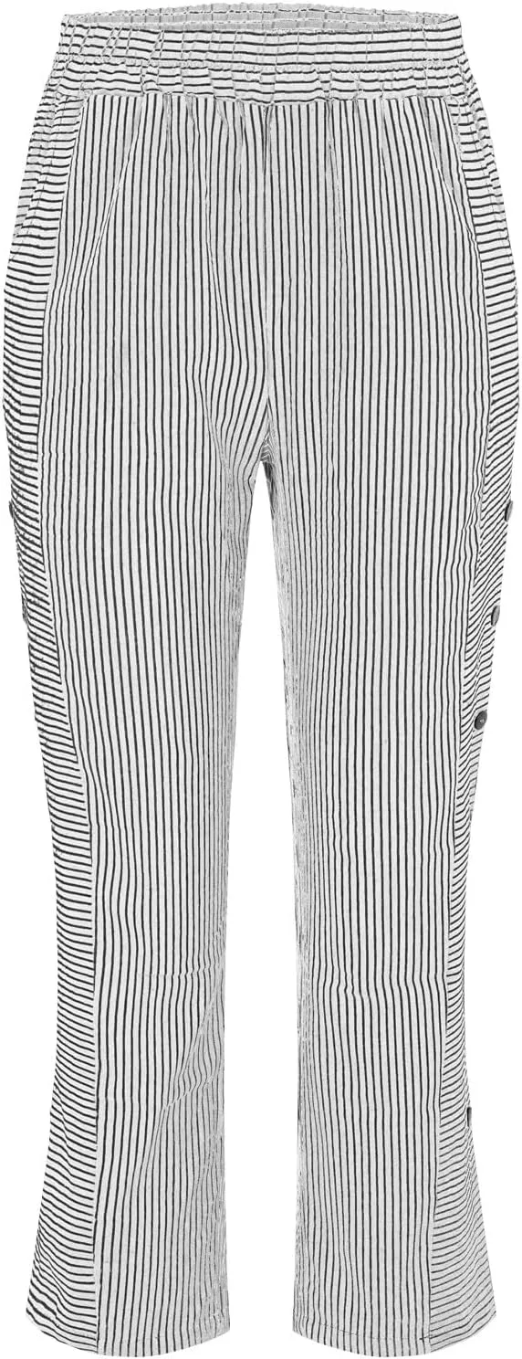 Women Stripe Cotton Linen Pants Fashion Straight Leg Side Button Work Dressy Trousers Elastic Waist Casual Sweatpants