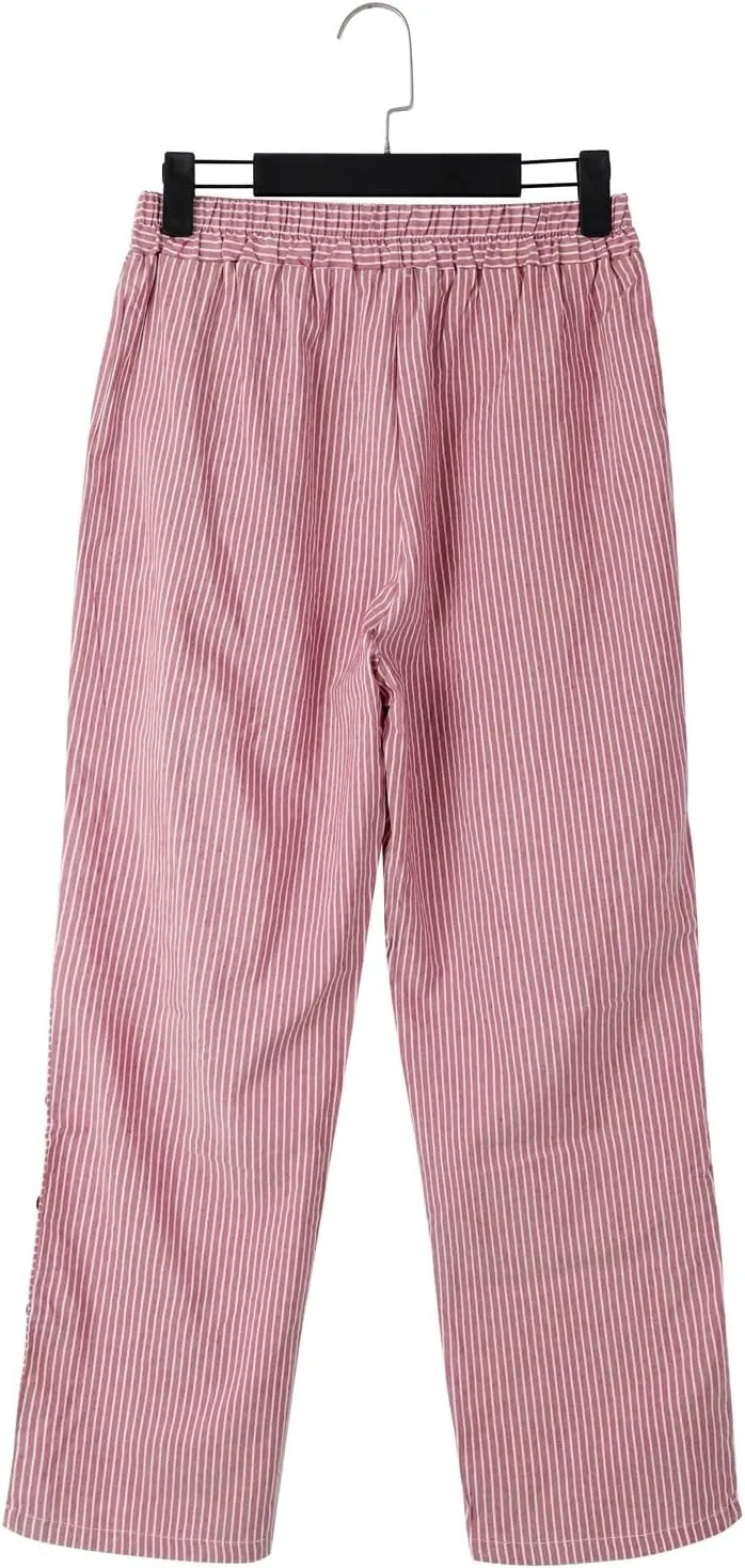 Women Stripe Cotton Linen Pants Fashion Straight Leg Side Button Work Dressy Trousers Elastic Waist Casual Sweatpants