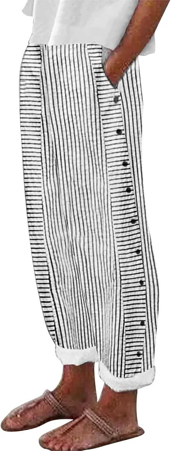 Women Stripe Cotton Linen Pants Fashion Straight Leg Side Button Work Dressy Trousers Elastic Waist Casual Sweatpants