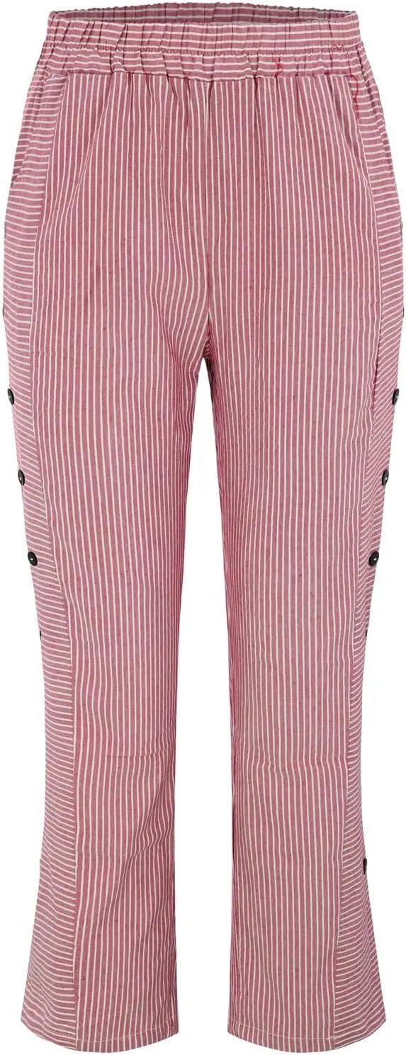 Women Stripe Cotton Linen Pants Fashion Straight Leg Side Button Work Dressy Trousers Elastic Waist Casual Sweatpants