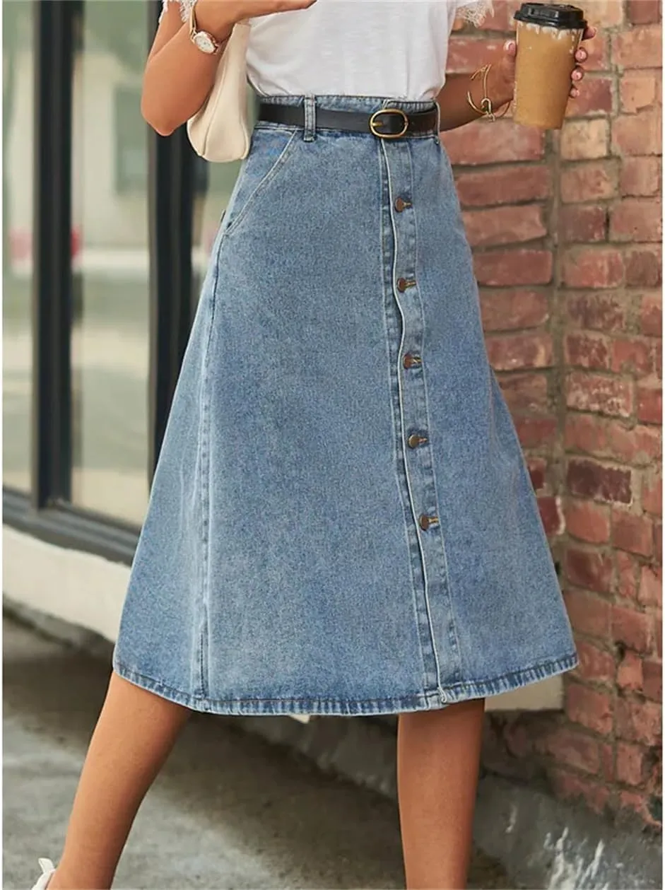 Women Summer Denim Skirts Fashion Slim Mid Length Jeans Button A-Line Skirts Street Casual Female Clothing